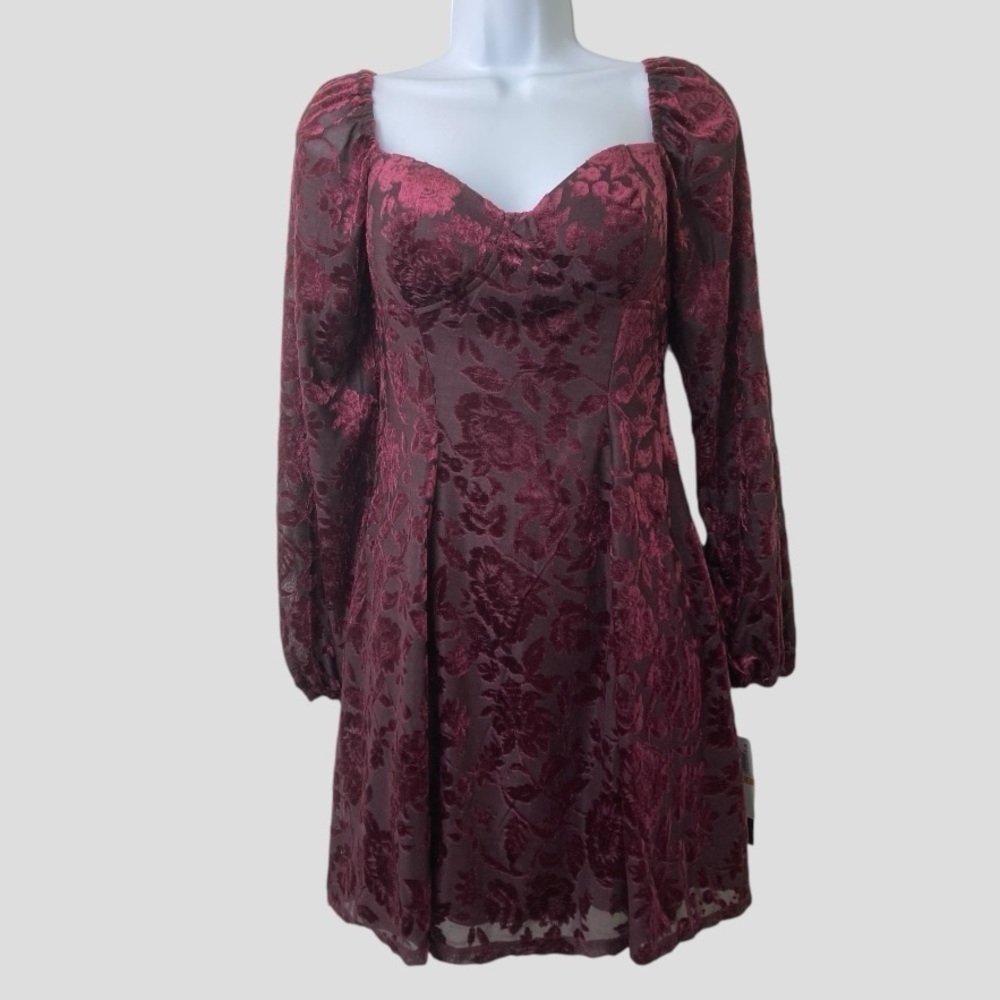 90s Burnout Velvet Corset Dress S Burgundy Lace-Up Y2K Whimsigoth Fairygrunge - Picture 3 of 13